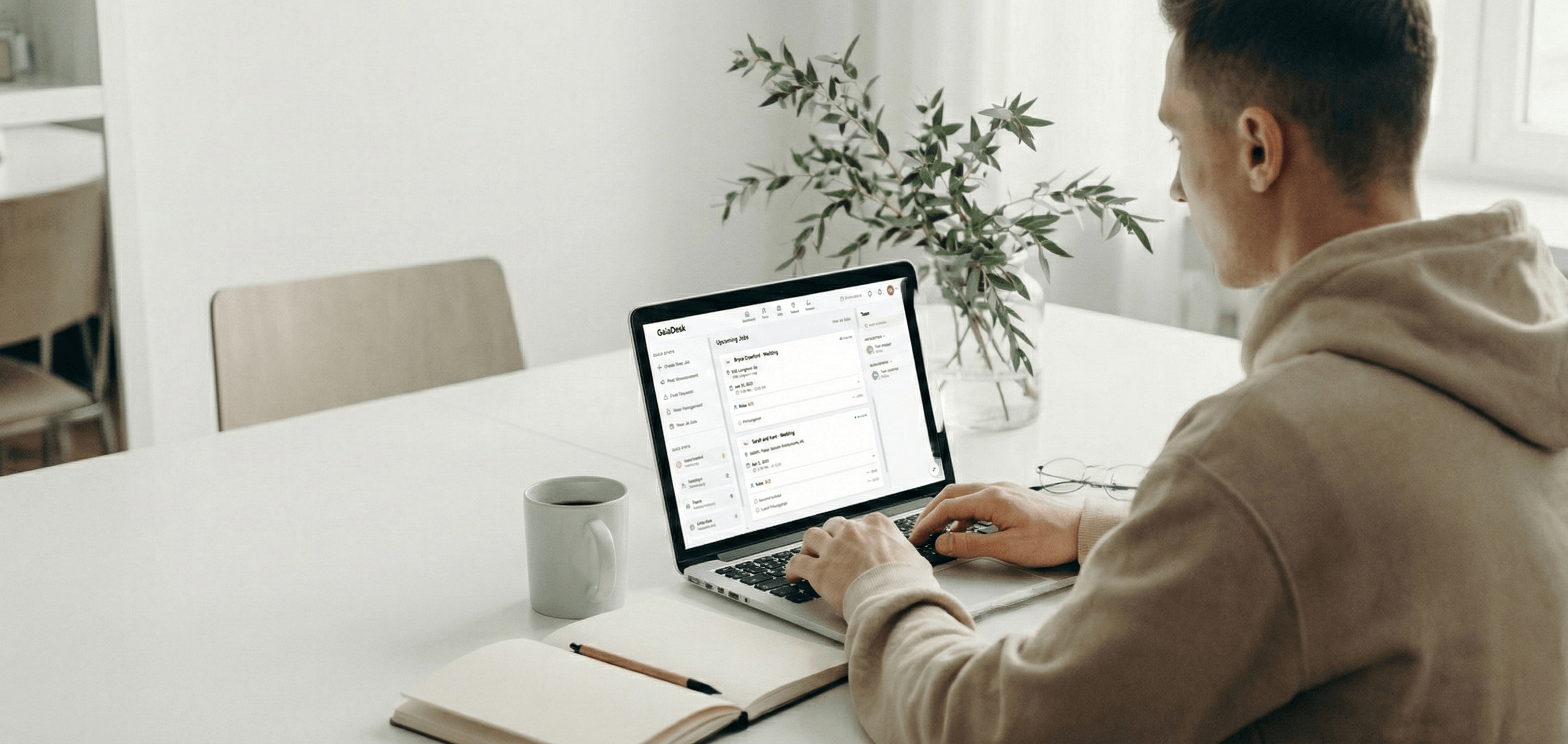 GalaDesk dashboard showing upcoming jobs and team management