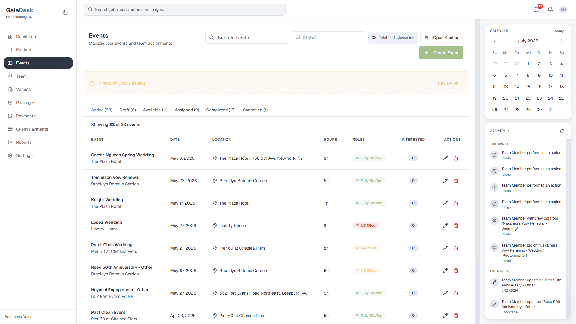 GalaDesk events dashboard showing 33 weddings and events with per-event staffing status, dates, venues, and crew assignments